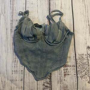 AKIRA Strappy Denim Y2K Corset Bustier Top in Light Wash-S